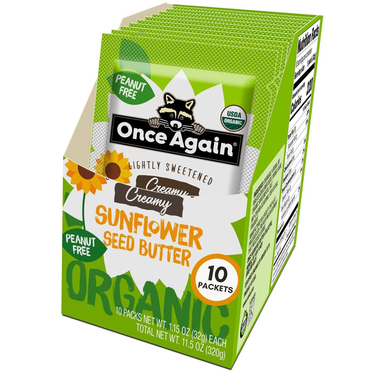 Once Again front box showing ten single-serve packets and packaging benefits