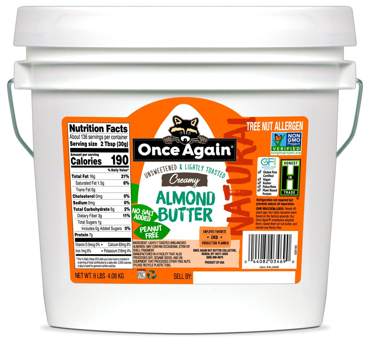 Once Again front of 9 lb bucket showing label and size, clear product identity benefit