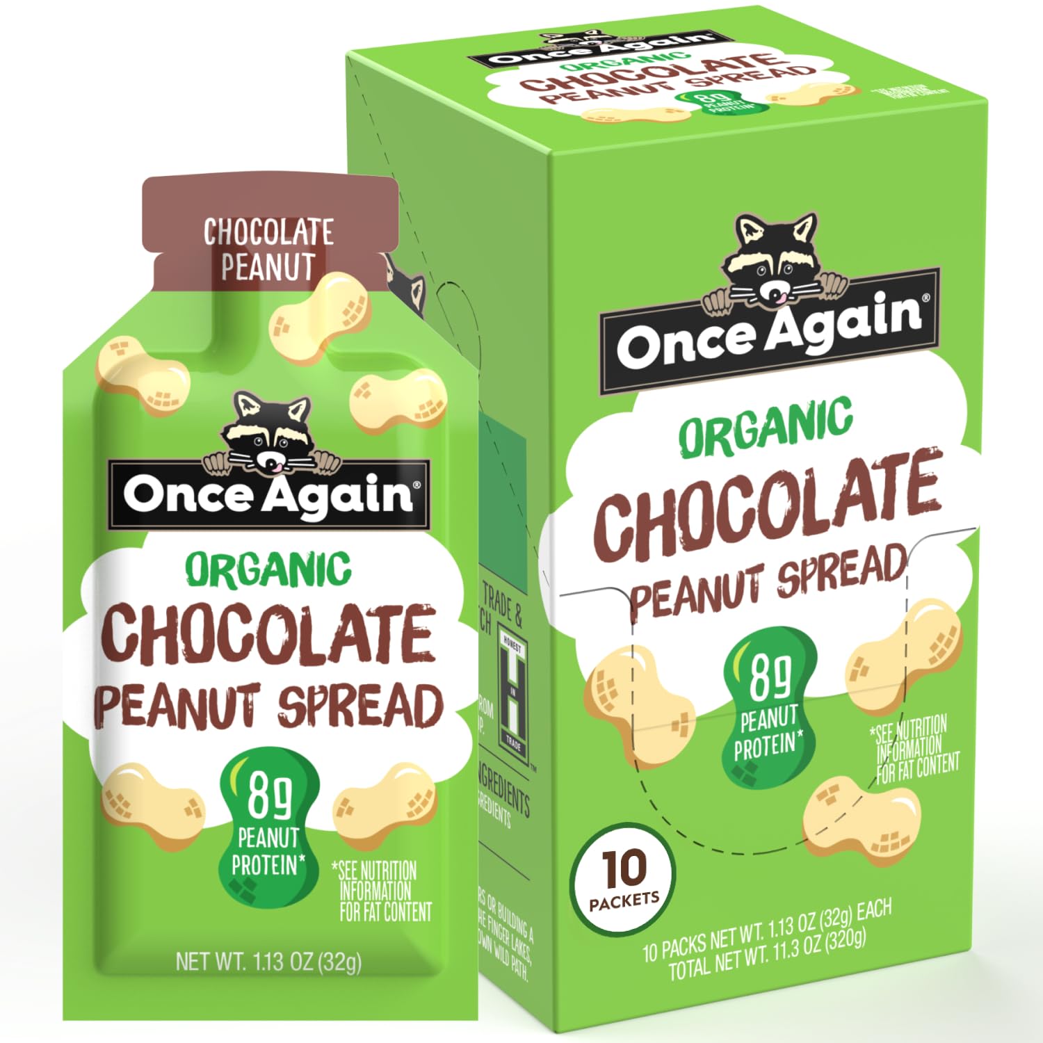 Once Again front packaging showing ten single-serve chocolate peanut packets and benefits