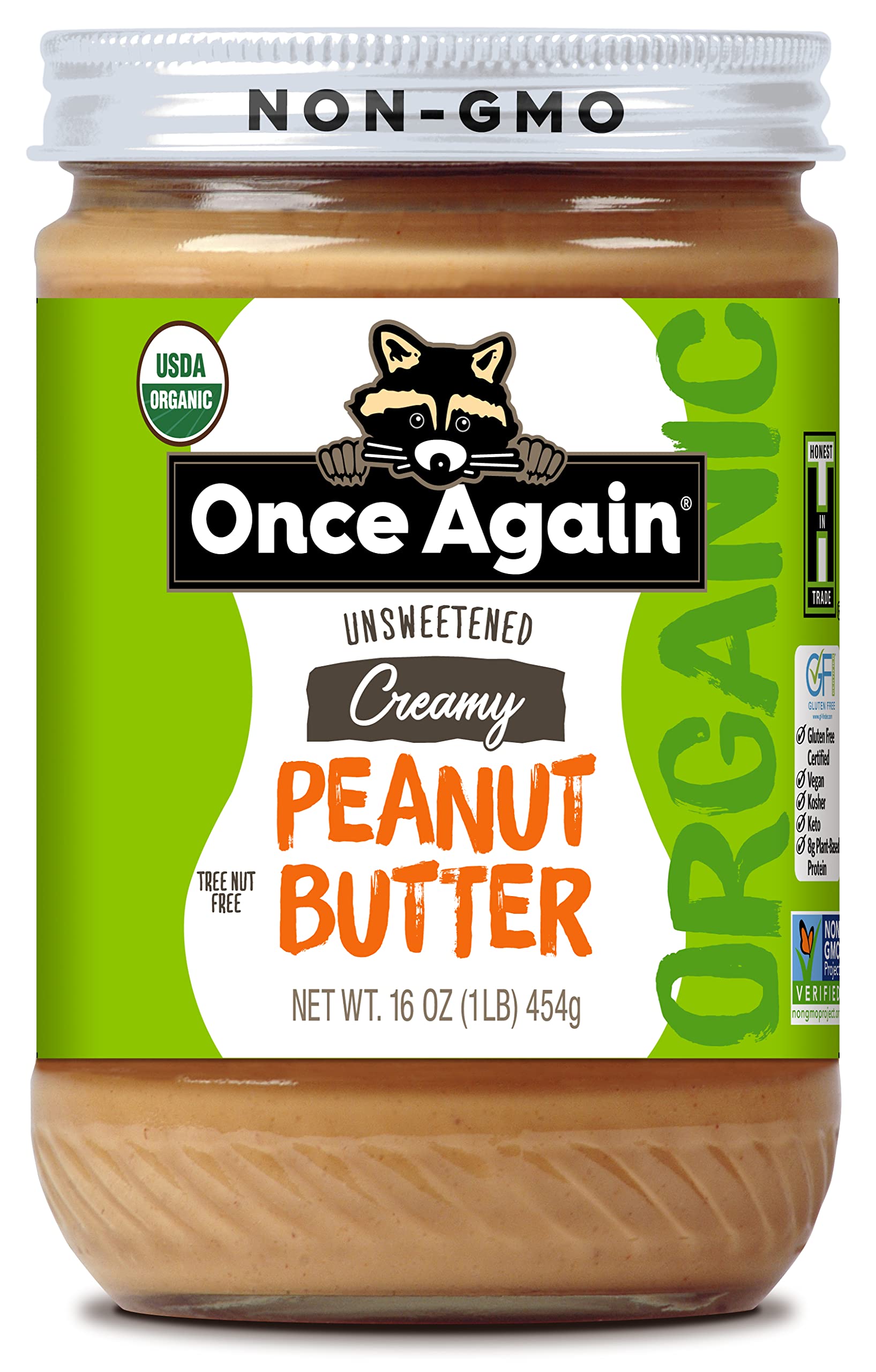 Once Again glass jar front view showing label and organic peanut benefit