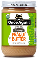 Once Again glass jar front view showing label and organic peanut benefit