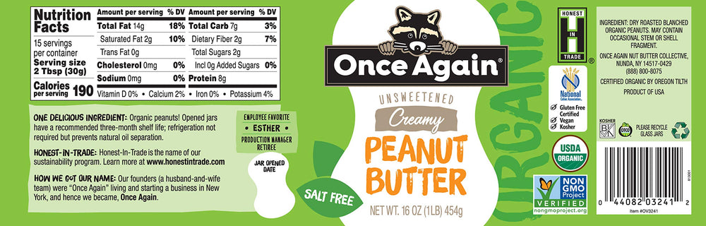 Once Again peanut butter close-up texture on spoon, shows smooth creamy spread
