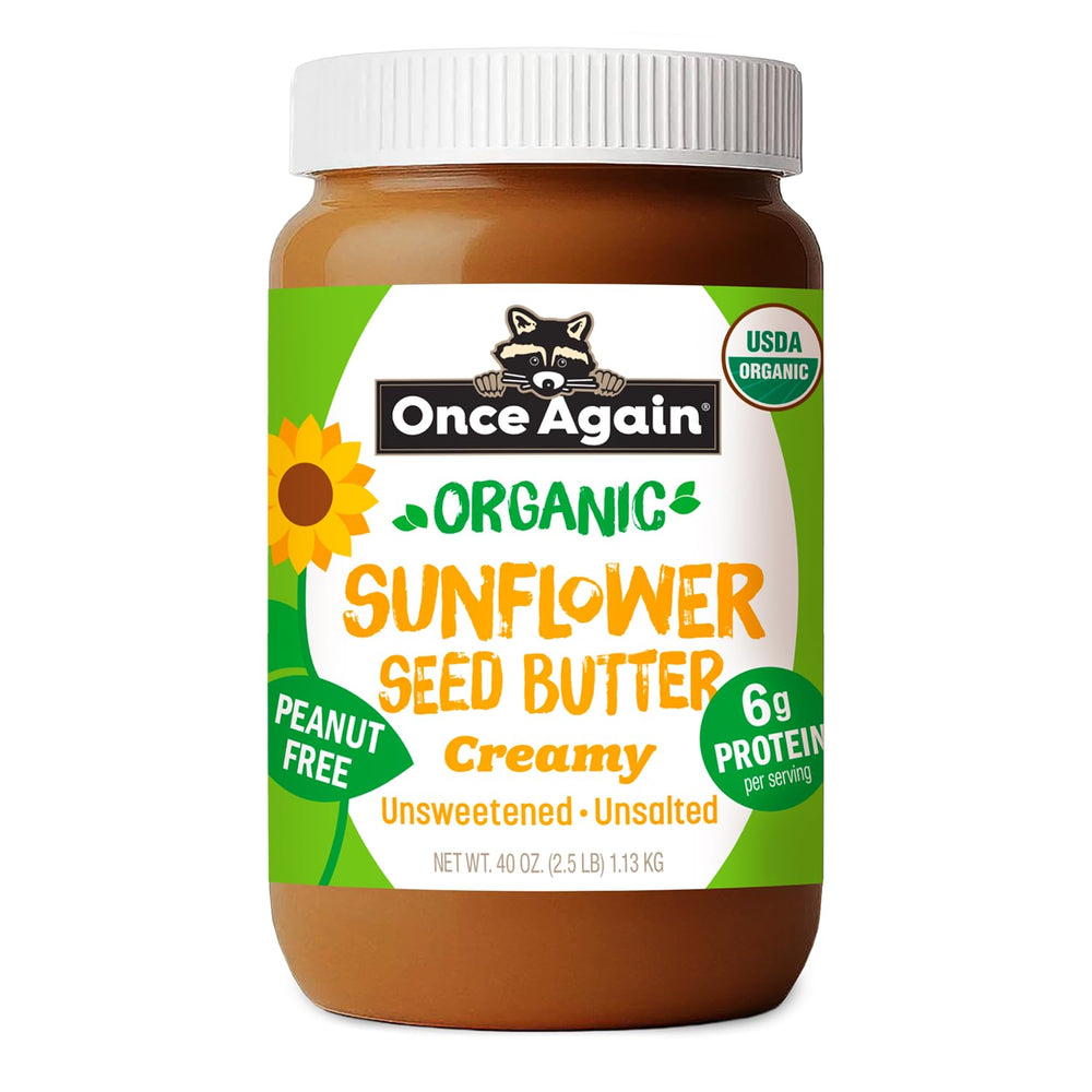 Once Again sunflower butter front jar showing clean ingredient label and size benefit