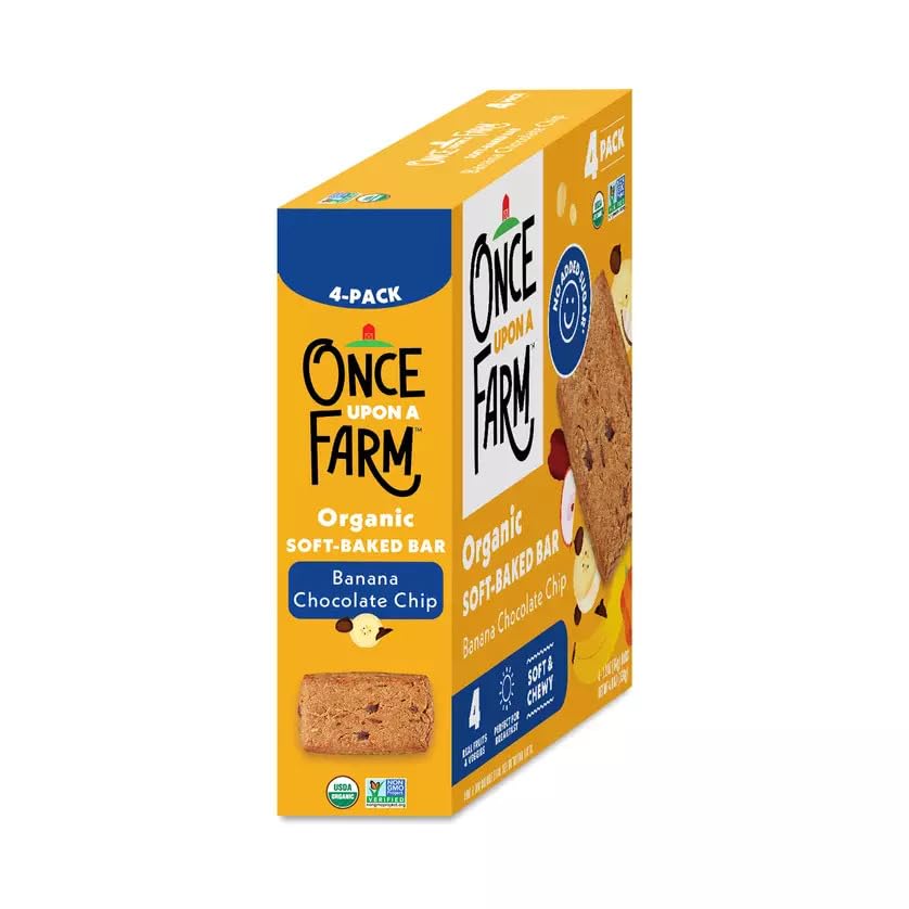 Once Upon a Farm bar cross-section showing moist interior and chocolate chips for appeal