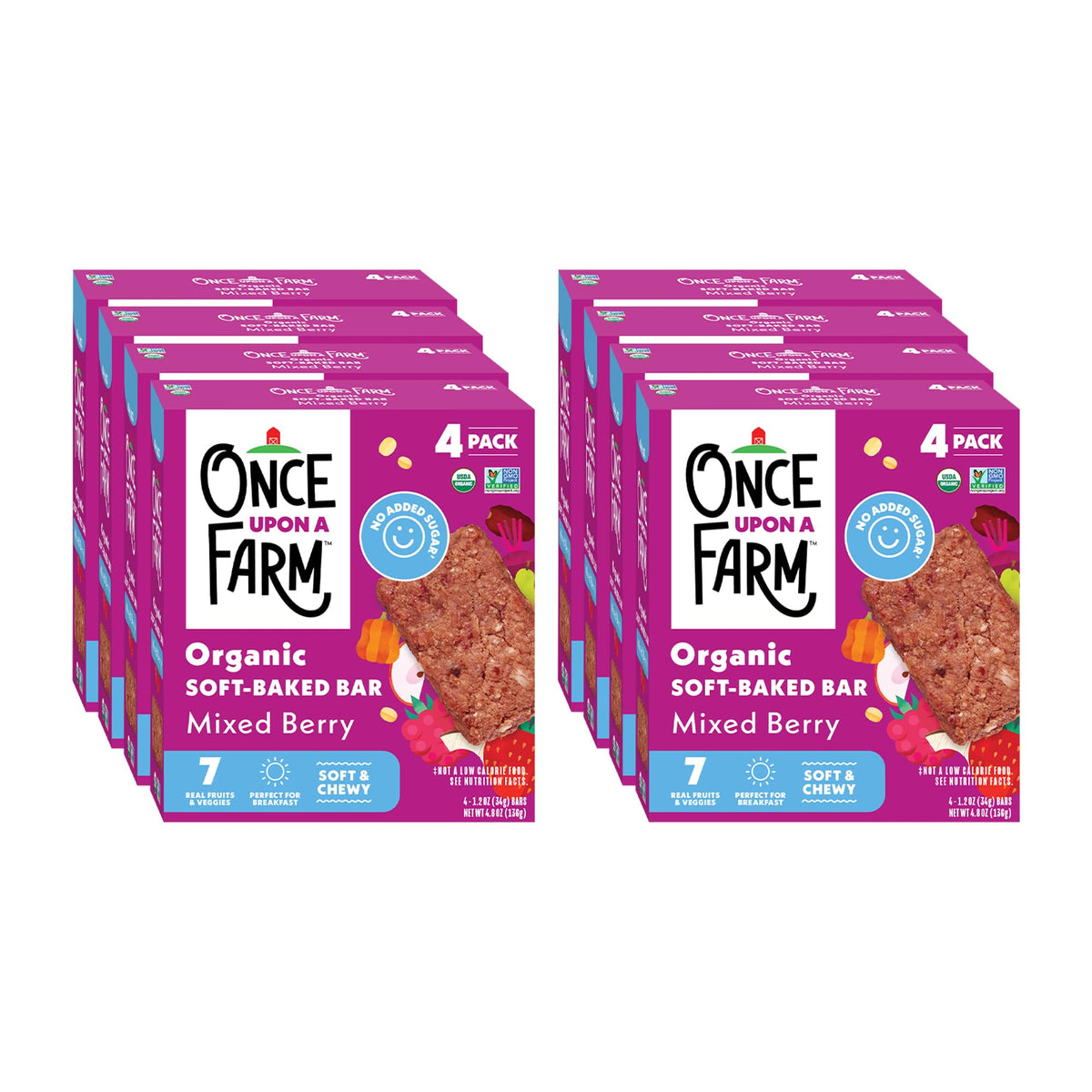 Once Upon a Farm front packaging showing mixed berry bars and benefits