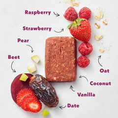 Once Upon a Farm organic ingredients close-up highlighting real fruit and veggie pieces for transparency