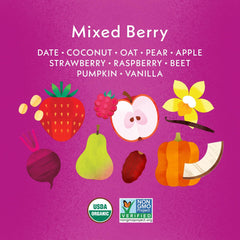 Once Upon a Farm flatlay of strawberries raspberries beet and oats showing natural ingredients