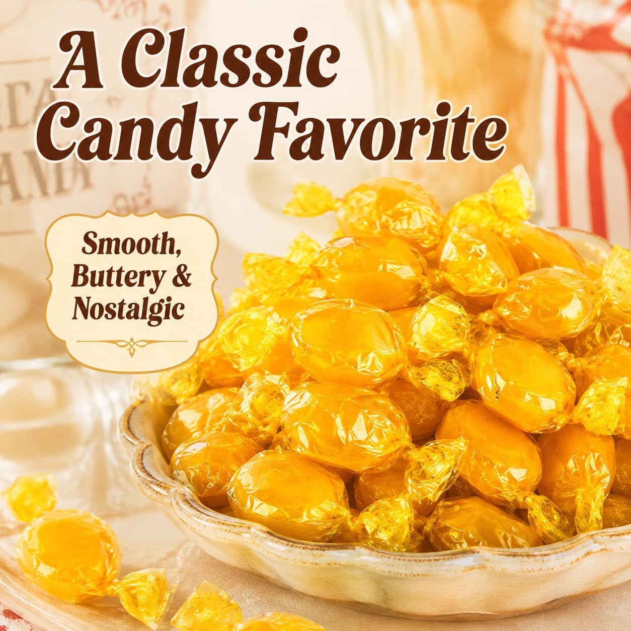 ONE CANDY WAY butterscotch candies on a kitchen counter in a jar, perfect for home snack stations