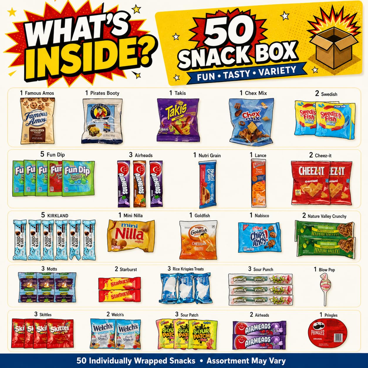 ONE CANDY WAY opened box overhead displaying assorted individually wrapped snacks