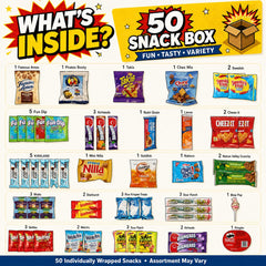 ONE CANDY WAY opened box overhead displaying assorted individually wrapped snacks