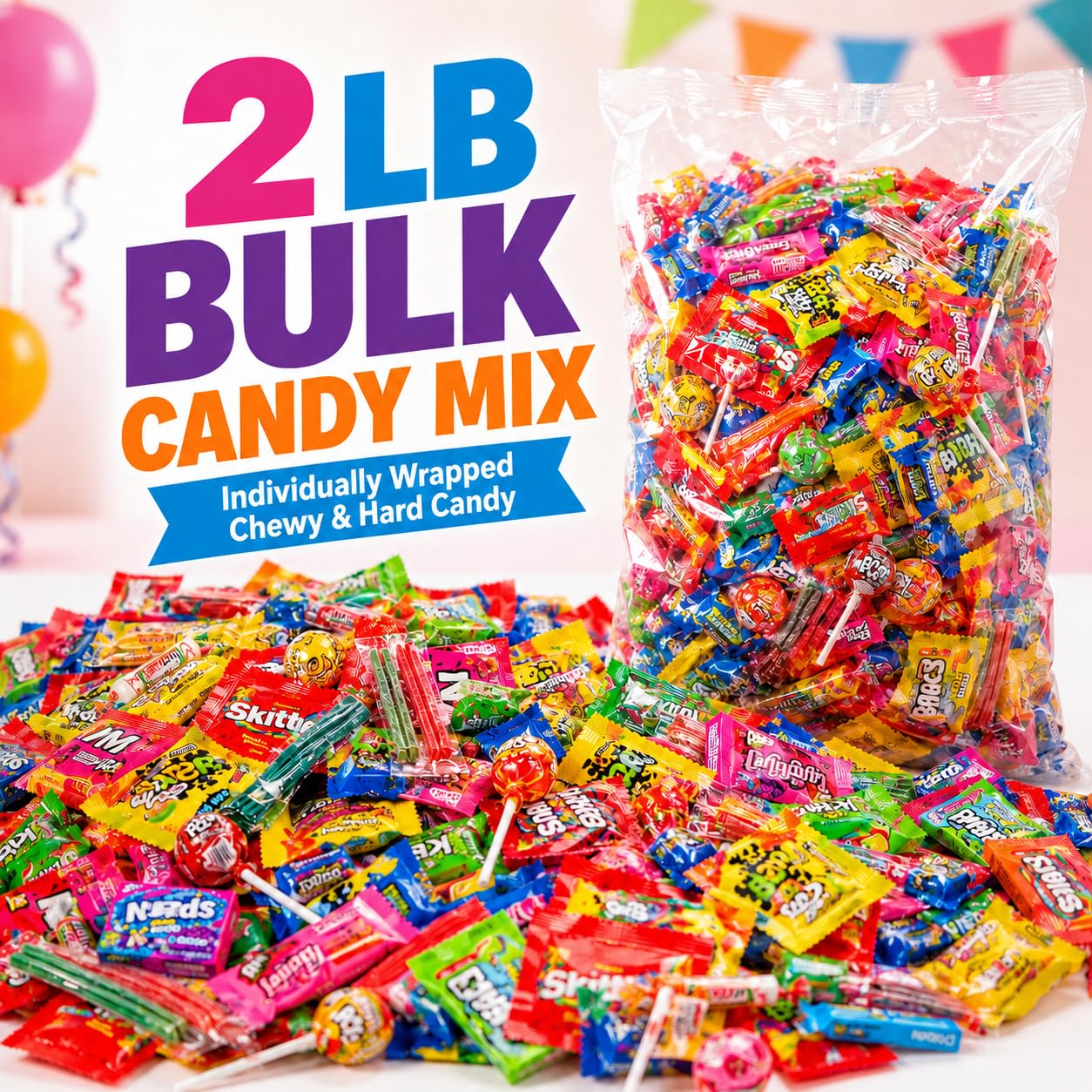 ONE CANDY WAY open bag spilling assorted candies for easy serving