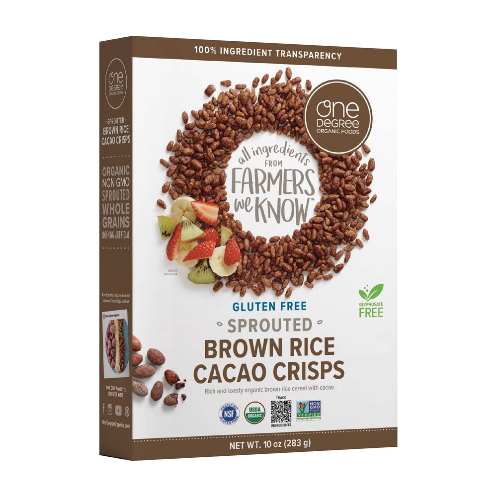One Degree Organic close-up of cacao crisps texture highlighting crunchy whole-grain benefit