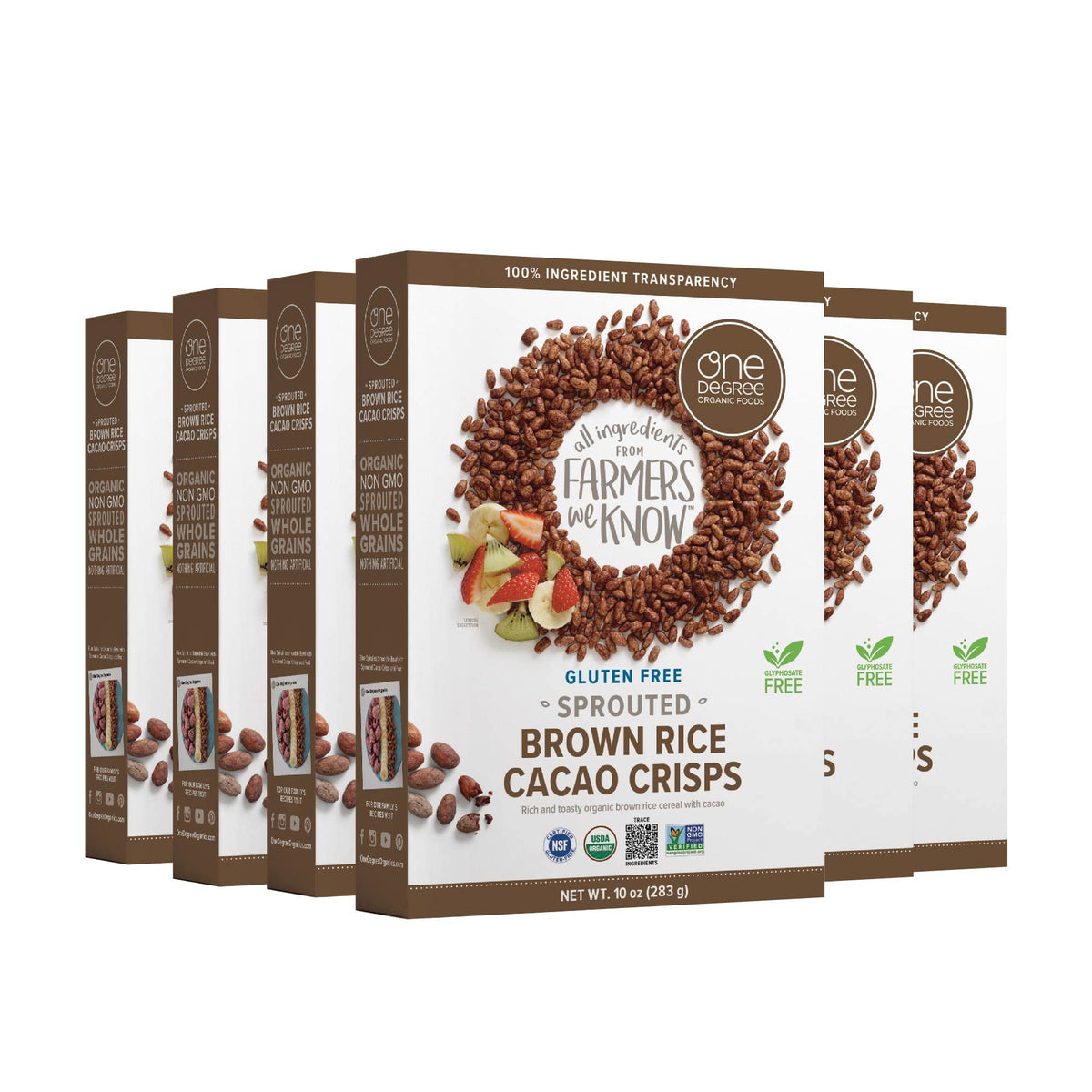 One Degree Organic front packaging showing cereal box and branding benefit: clear product info