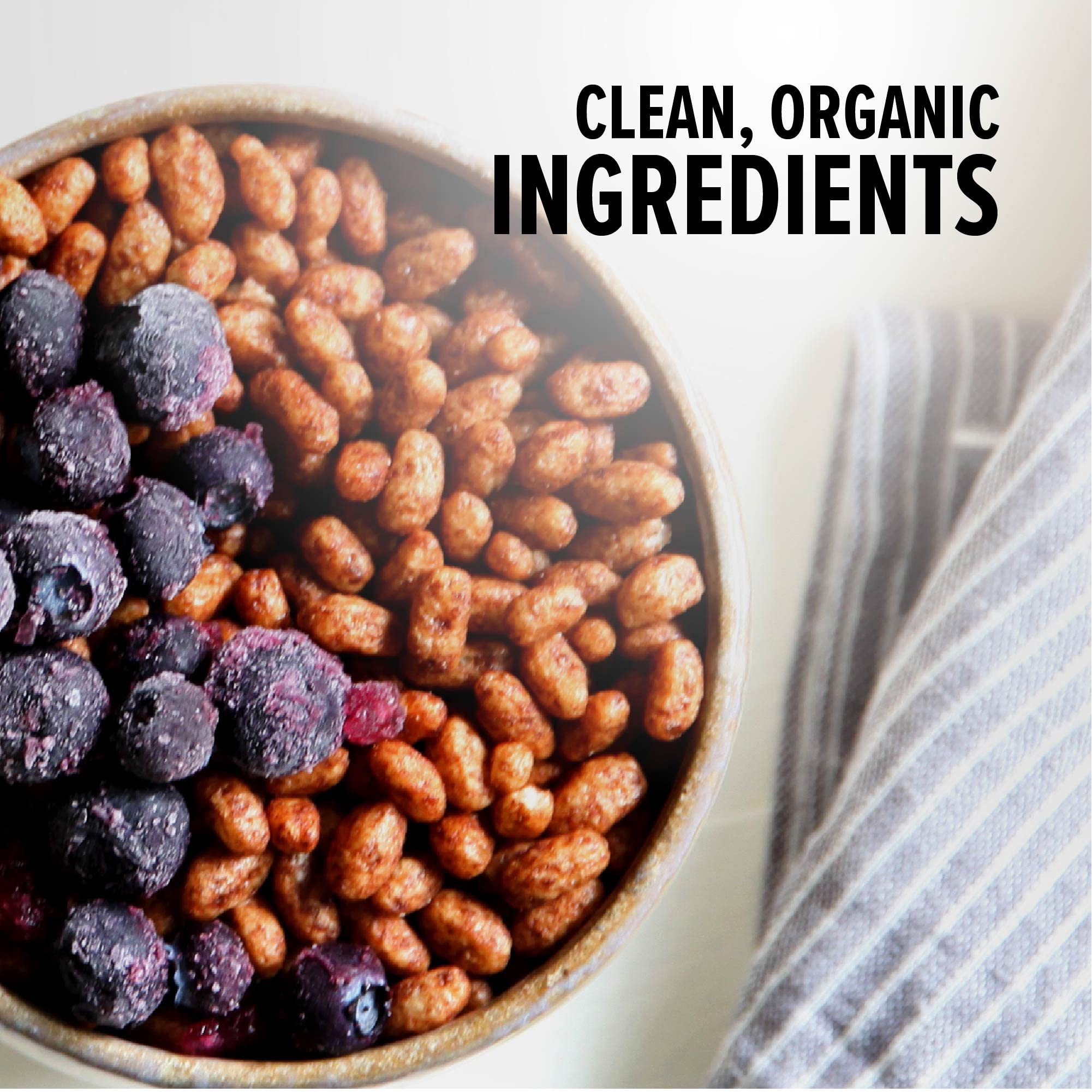 One Degree Organic cereal beside a spoon showing package size and portion guidance benefit