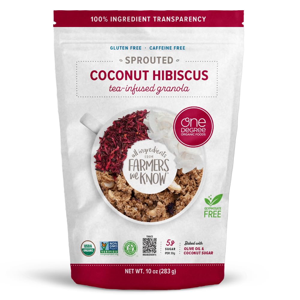 One Degree Organics front packaging showing coconut hibiscus granola and traceable Clean Source Code