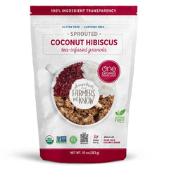 One Degree Organics front packaging showing coconut hibiscus granola and traceable Clean Source Code