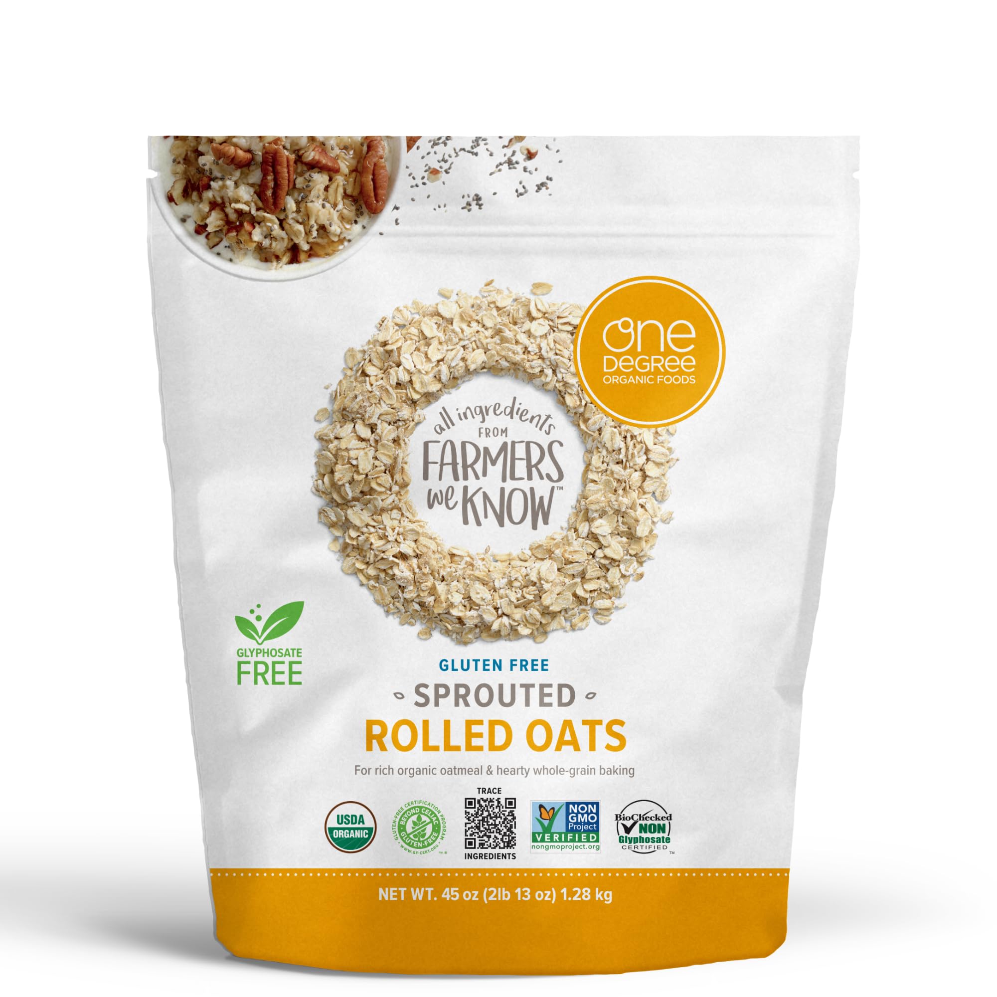 One Degree Organic Foods front packaging showing 45oz bag and branding benefit clarity