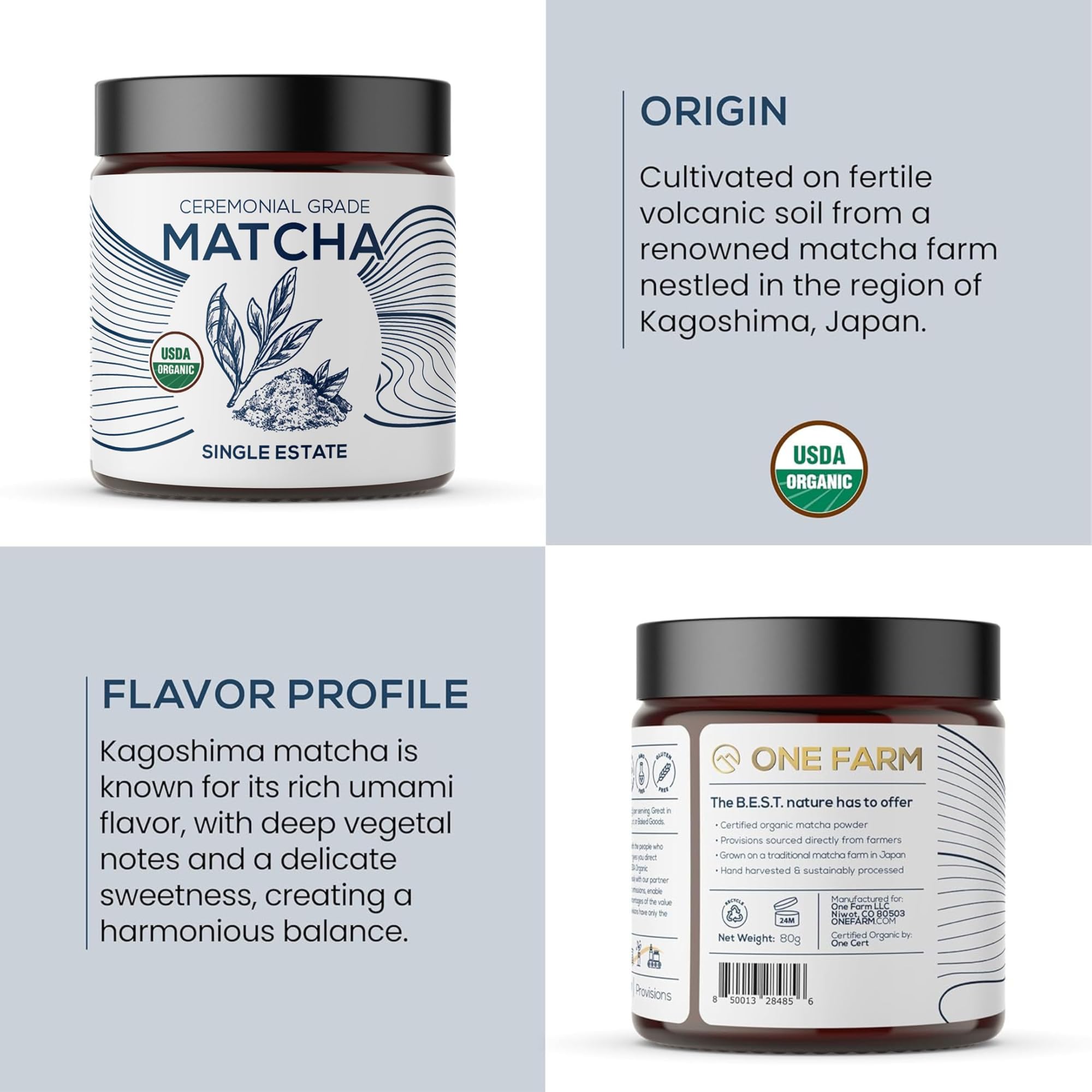 One Farm matcha scoop on scale showing 2g portion for consistent servings and easy use