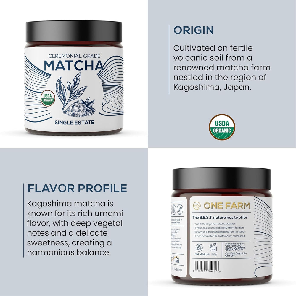 One Farm matcha scoop on scale showing 2g portion for consistent servings and easy use