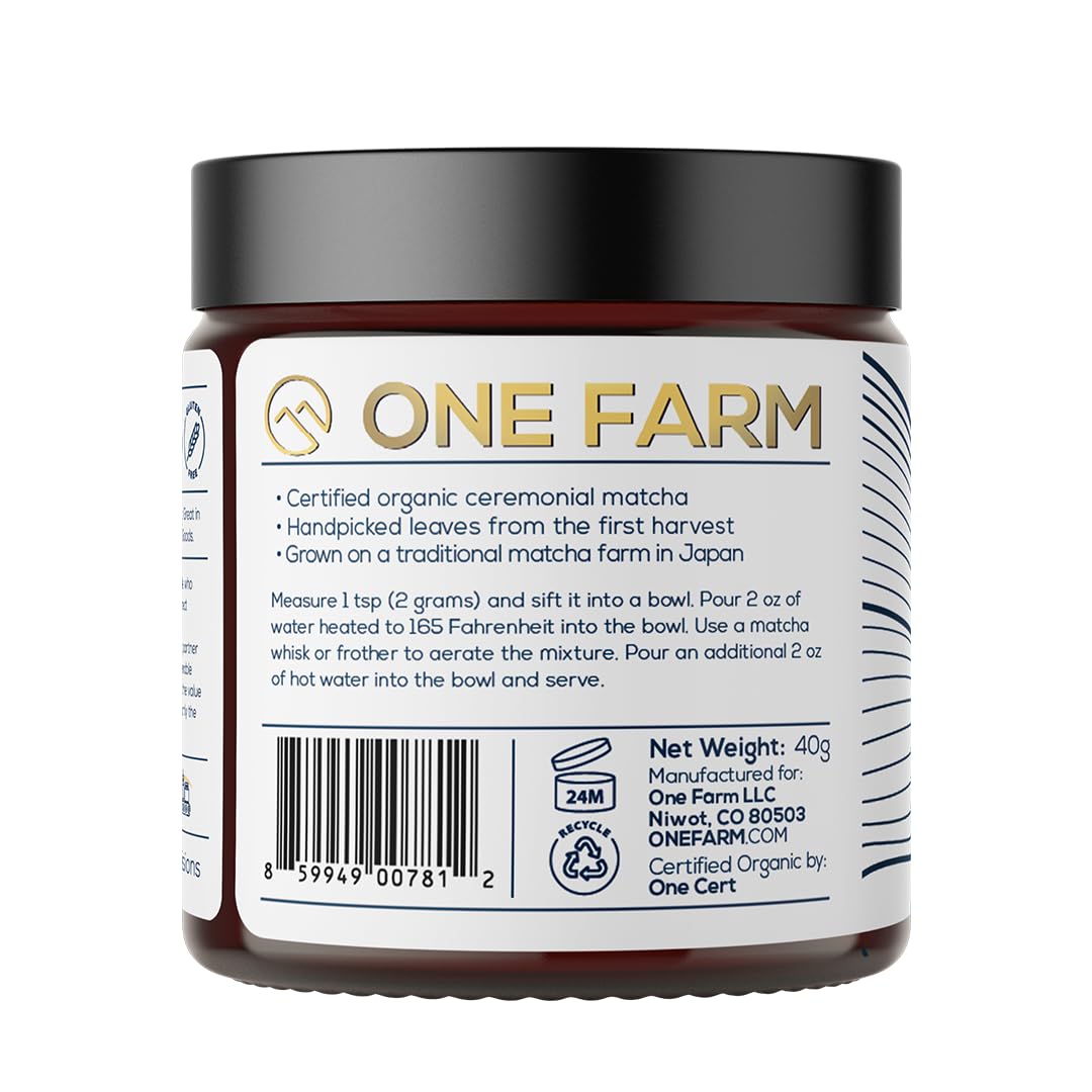 One Farm matcha powder close-up fine texture and vibrant green color for smooth whisking