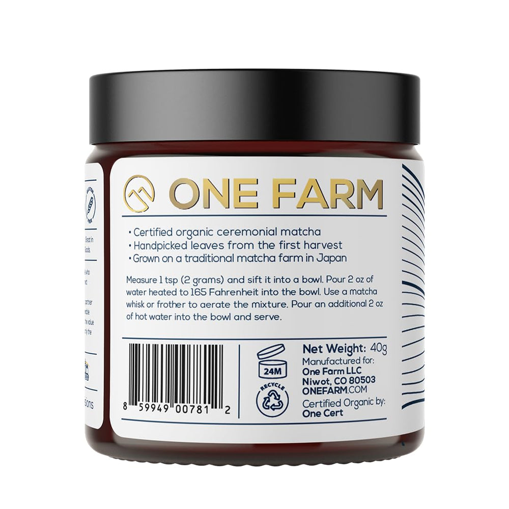 One Farm matcha powder close-up fine texture and vibrant green color for smooth whisking