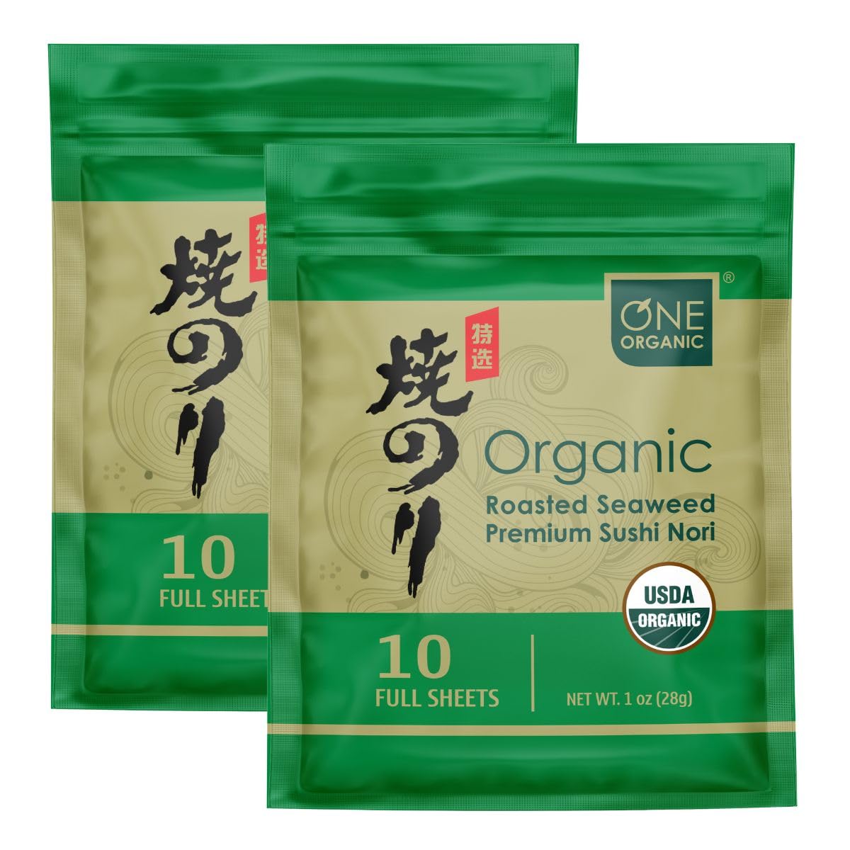 ONE ORGANIC front packaging showing two packs and 10 sheets, clear organic labeling