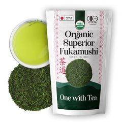One With Tea front packaging showing organic Fukamushi Sencha benefits