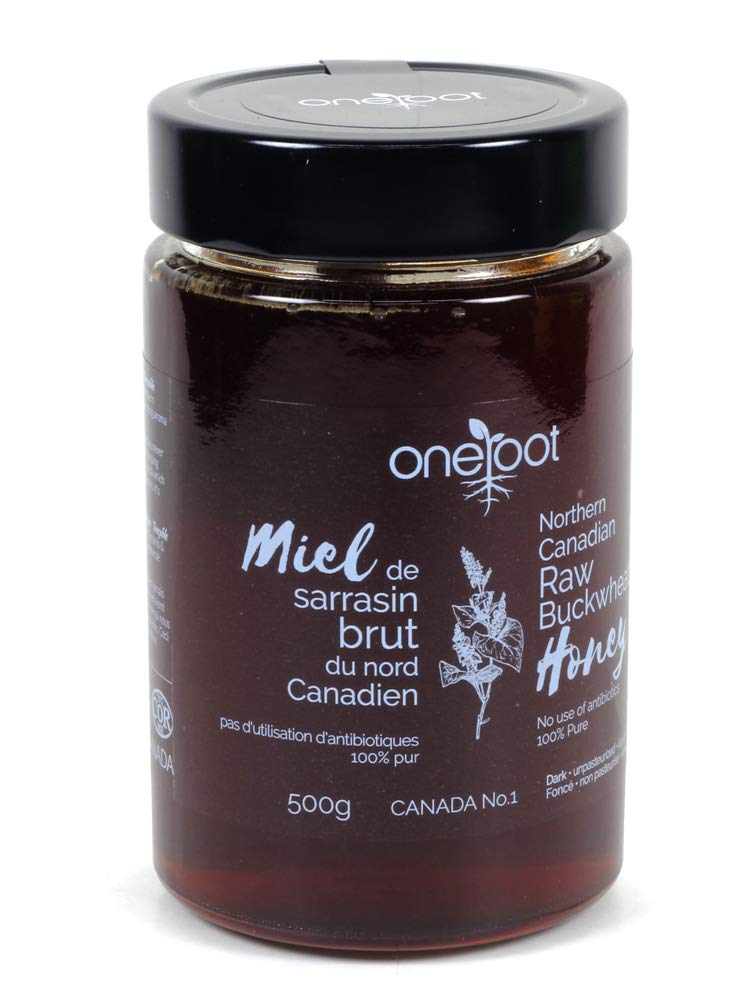 OneRoot jar front view showing dark raw buckwheat honey and natural packaging benefit