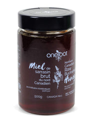 OneRoot jar front view showing dark raw buckwheat honey and natural packaging benefit