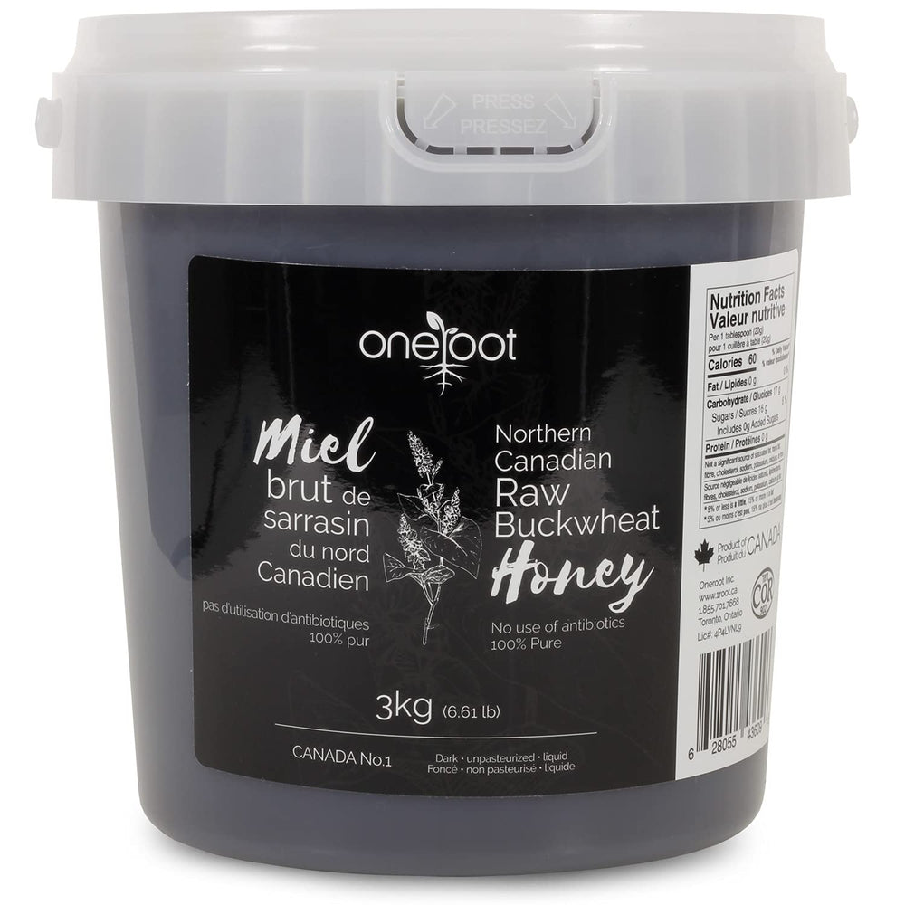 OneRoot front packaging showing 6.6 lb jar and bold dark honey benefits