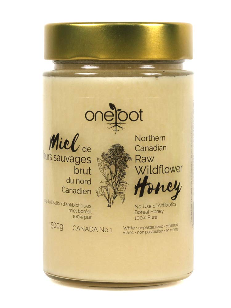 OneRoot front jar showing label and pure Canadian wildflower honey benefit