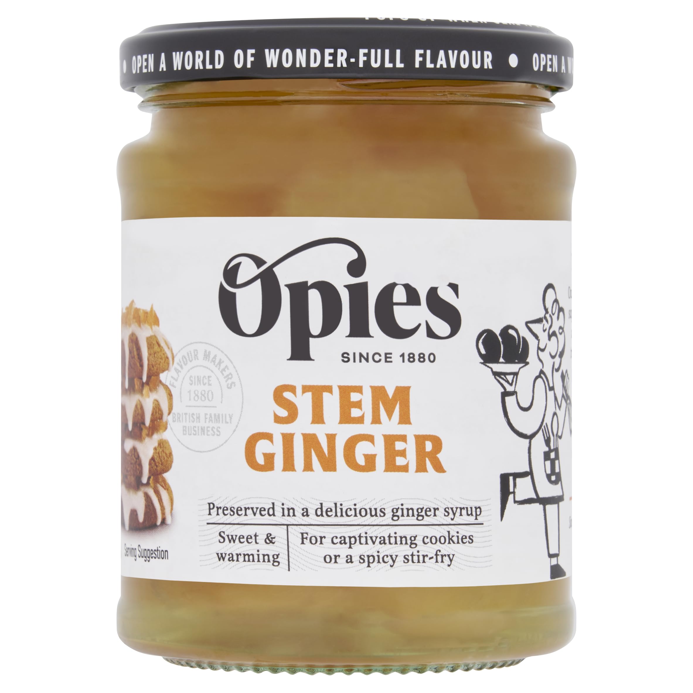 Opies stem ginger jar front view showing preserved pieces and versatile use