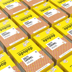 OPOPOP popped bag opened to reveal fresh caramel popcorn for convenience