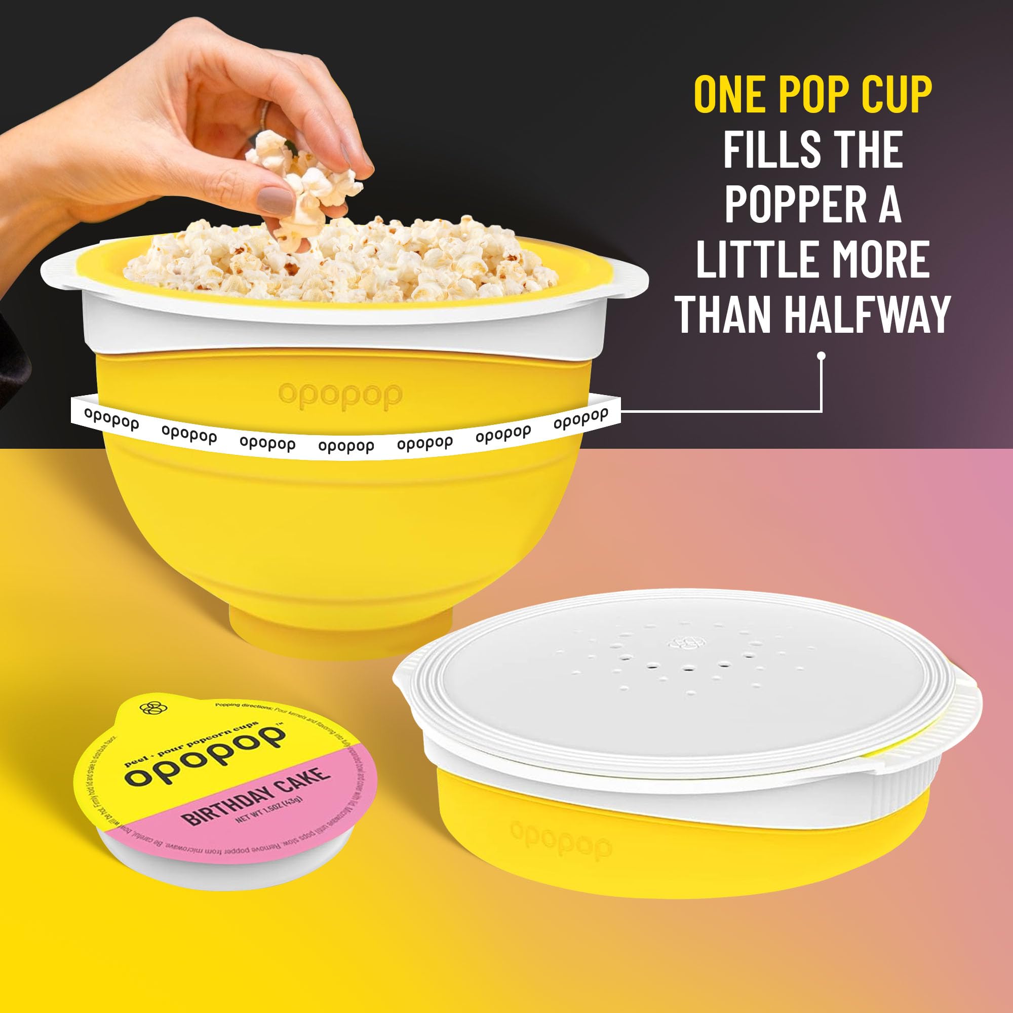 OPOPOP hand peeling lid from cup, demonstrating simple preparation