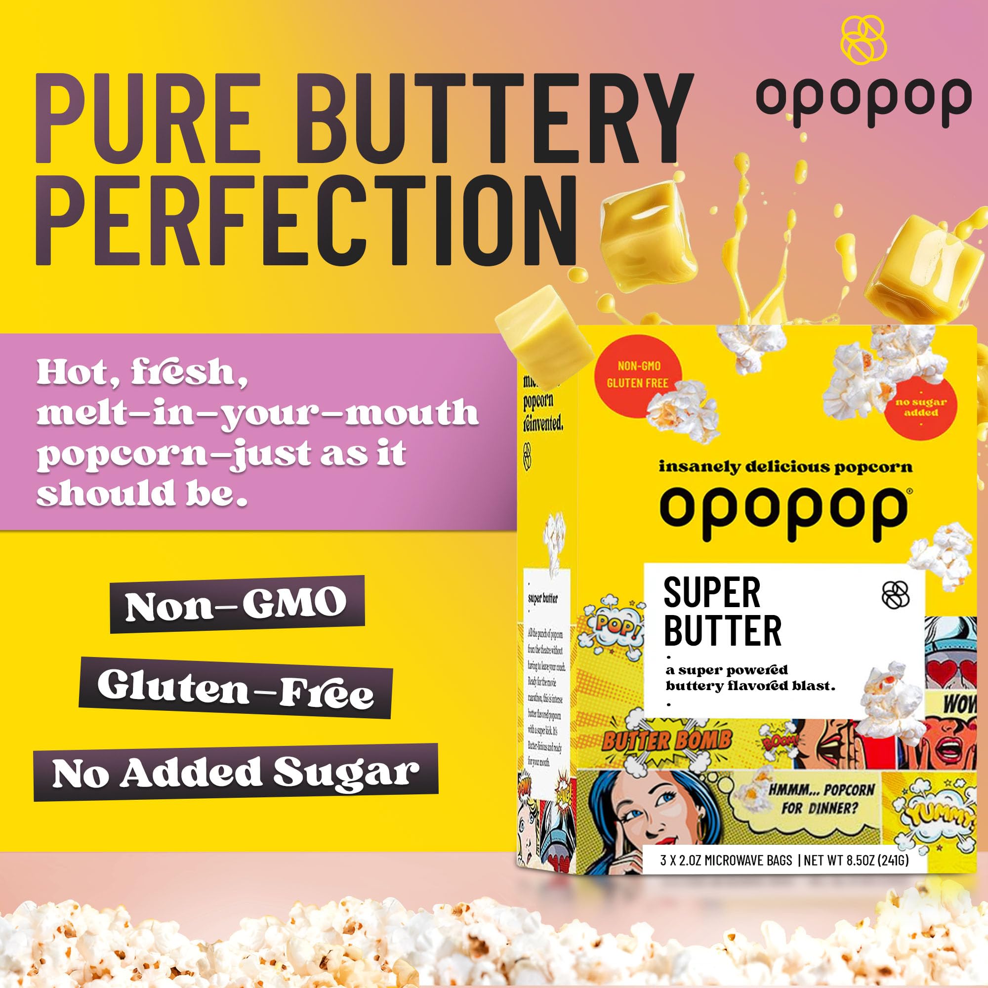 Opopop open bag of freshly popped Super Butter popcorn ready to eat
