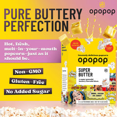 Opopop open bag of freshly popped Super Butter popcorn ready to eat