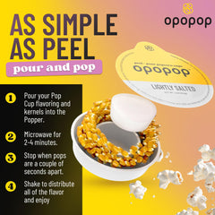 OPOPOP close-up of a single pop cup with visible kernels and oil for convenience