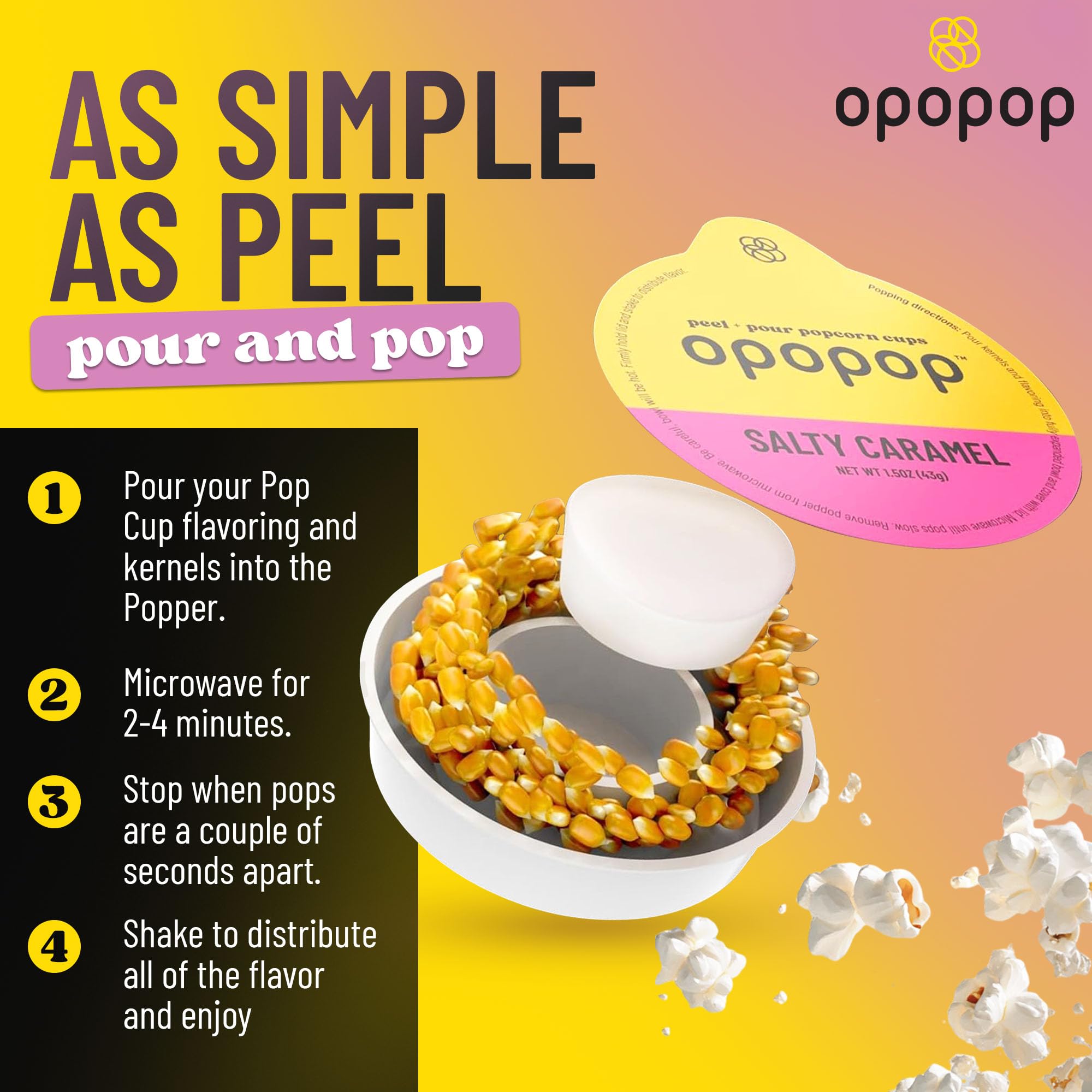 OPOPOP popcorn next to a measuring cup showing portion size clarity