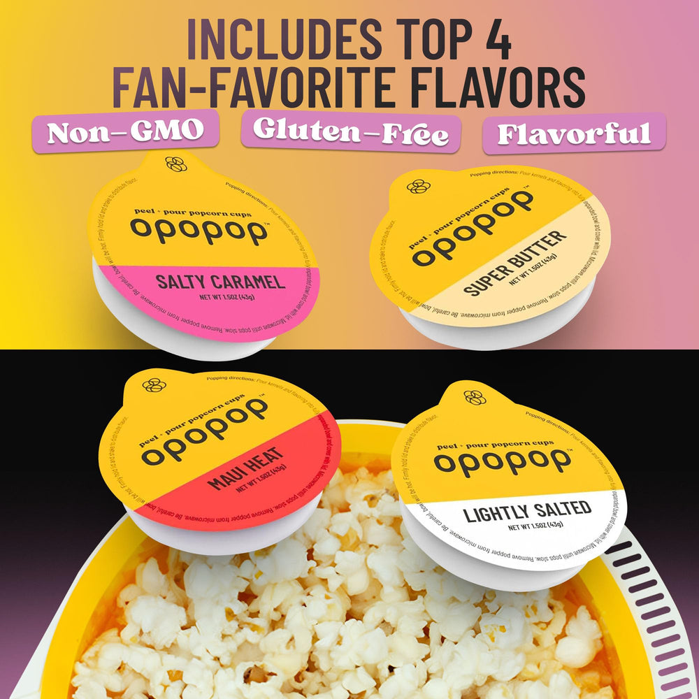 OPOPOP pop cups close-up highlighting four gourmet flavors for variety