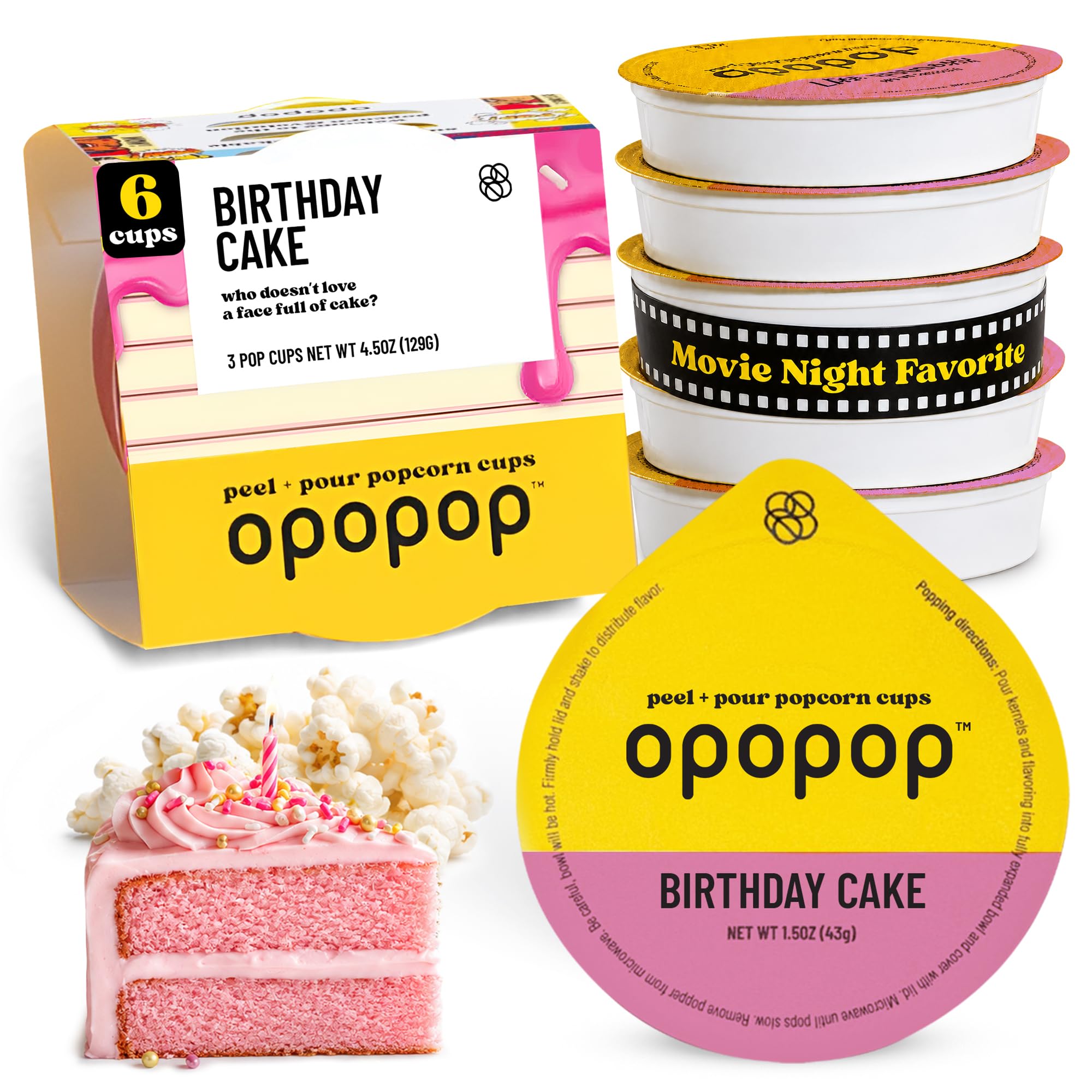 OPOPOP front packaging showing six super butter pop cups and benefits