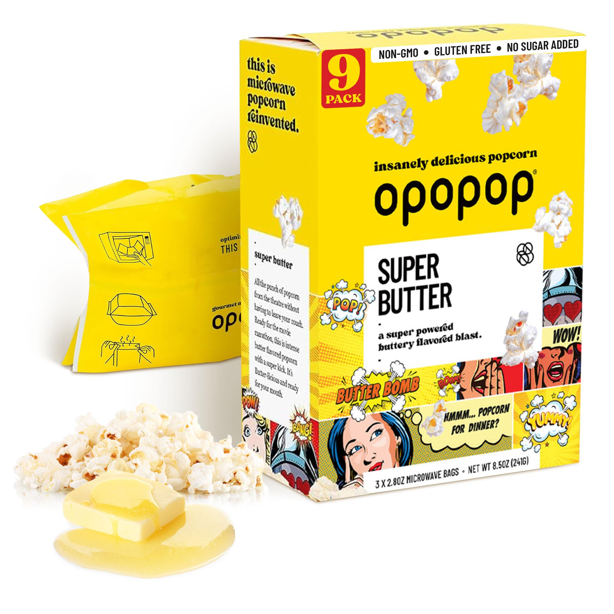 Opopop front packaging showing Super Butter flavor and nine-count convenience