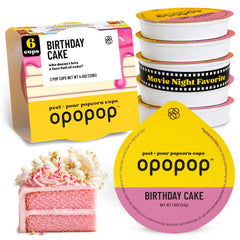 OPOPOP front packaging showing six super butter pop cups and benefits