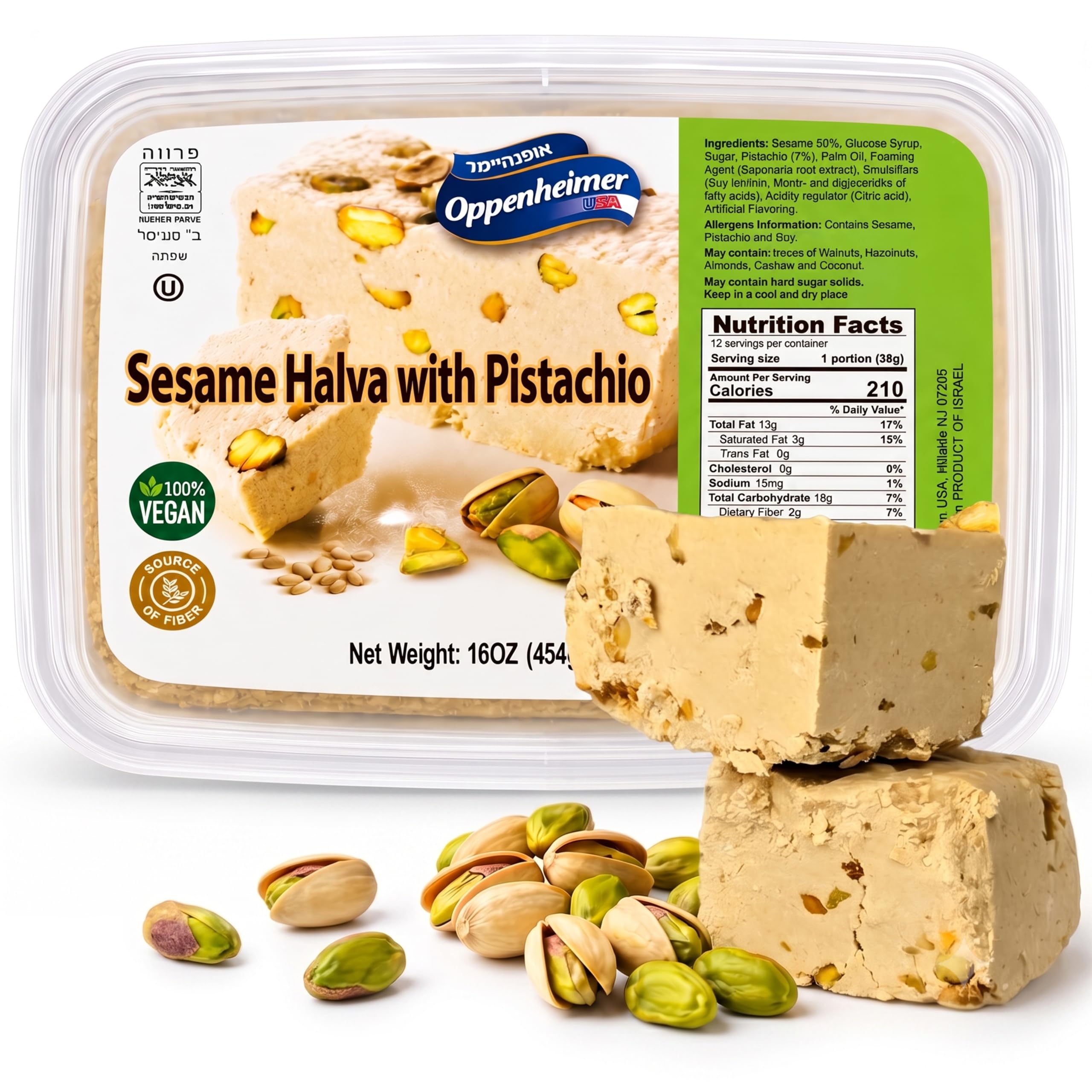 Oppenheimer USA front packaging showing 16 oz pistachio halva, clear branding and vegan benefit