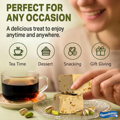 Oppenheimer USA halva served on plate, ready-to-eat snack and easy portioning benefit