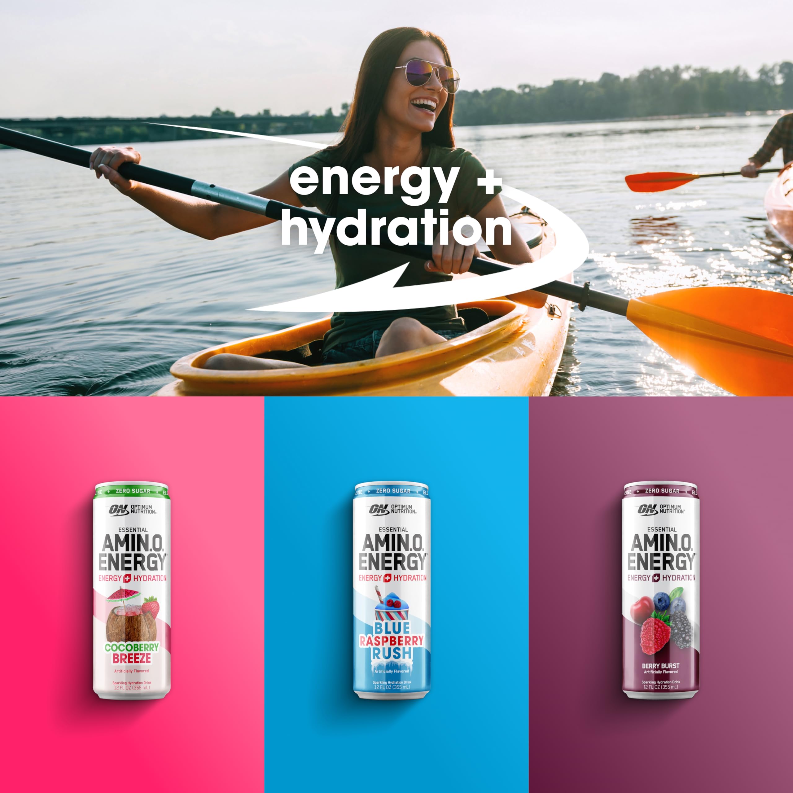 Optimum Nutrition can in hand demonstrating portable energy on-the-go