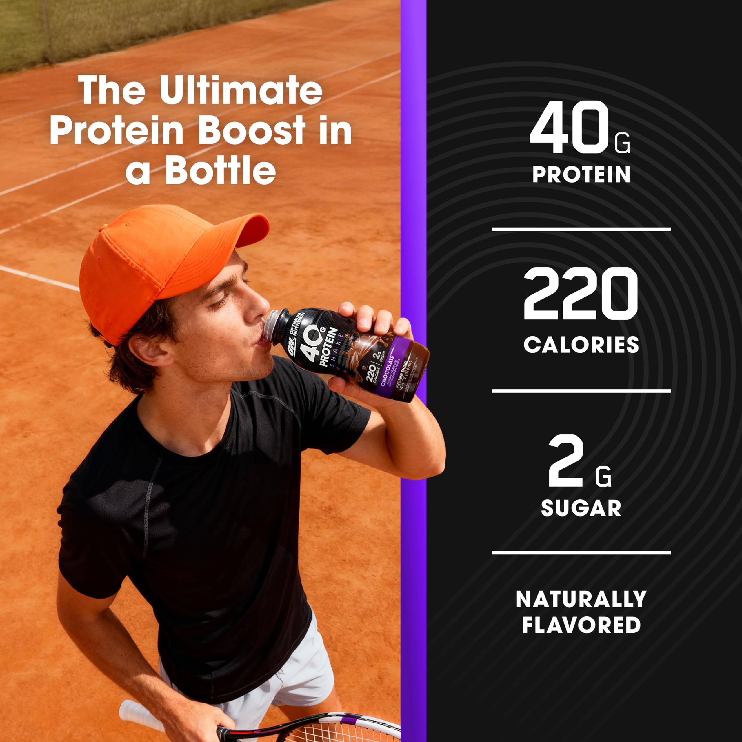 Hand holding Optimum Nutrition Chocolate bottle to show size and easy transport benefit