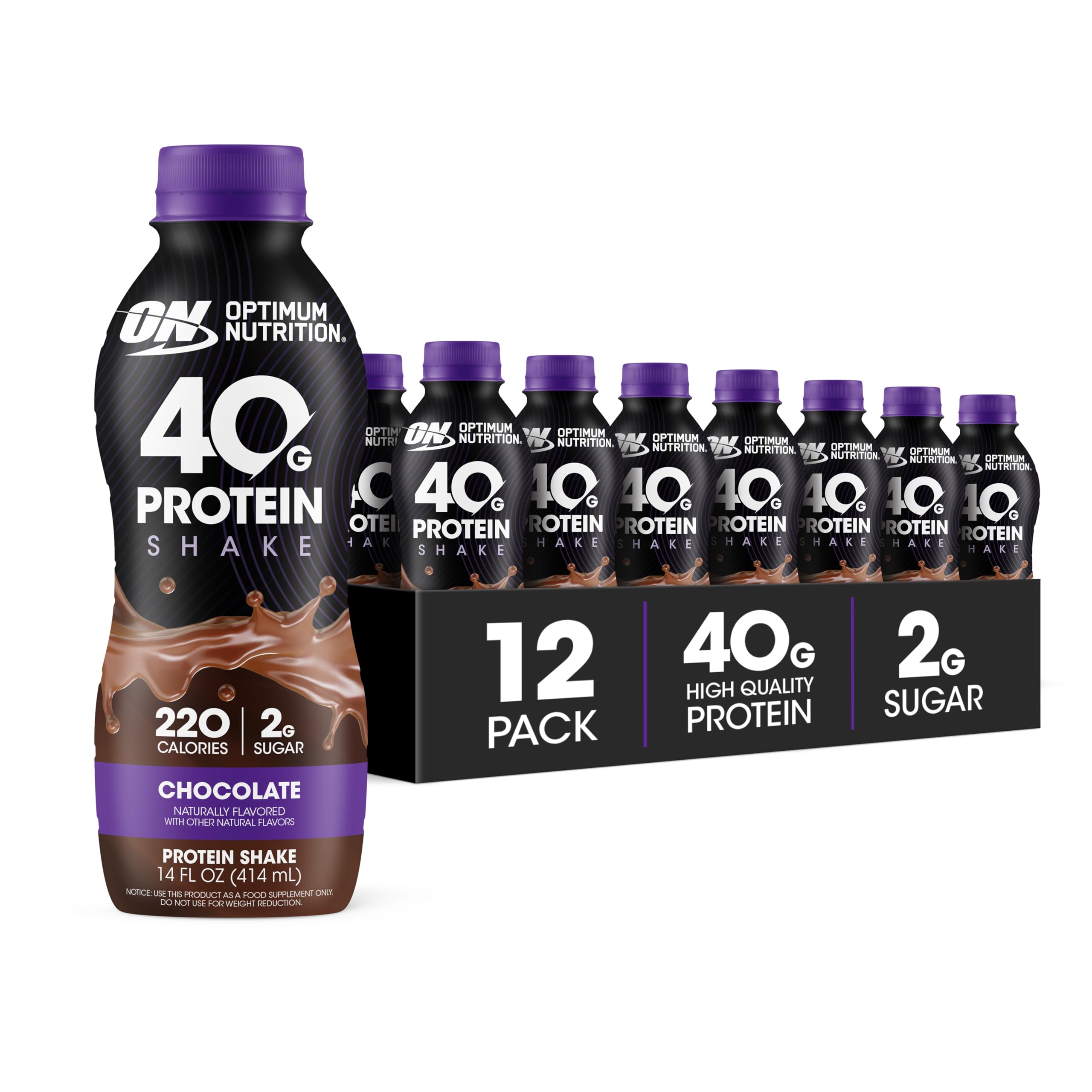 Optimum Nutrition bottle front packaging showing chocolate flavor and 40g protein benefit