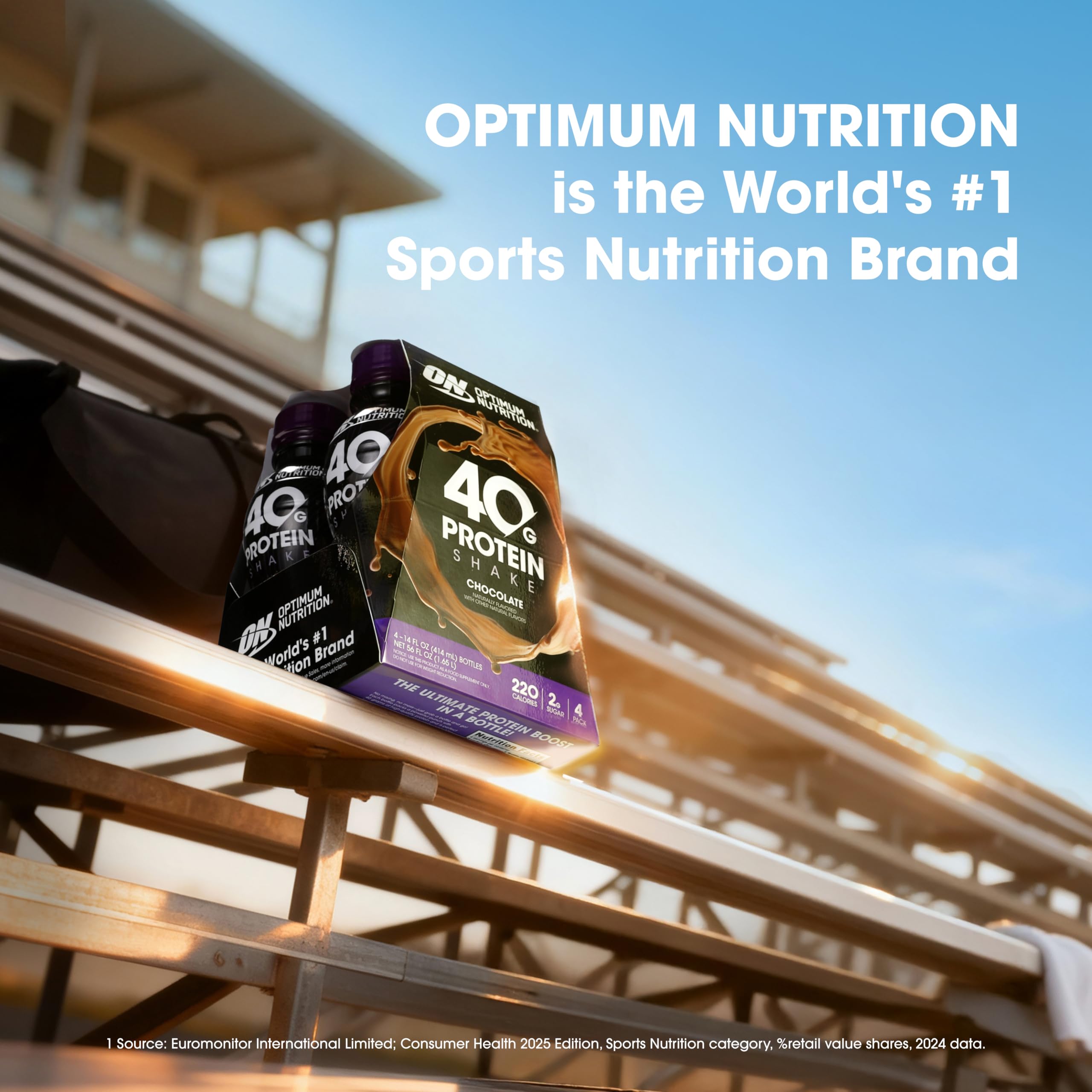 Optimum Nutrition Chocolate shake on gym bench illustrating post-workout recovery convenience