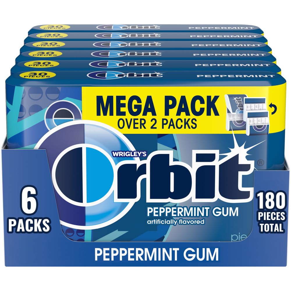 Orbit front box showing six peppermint mega packs and bulk packaging convenience