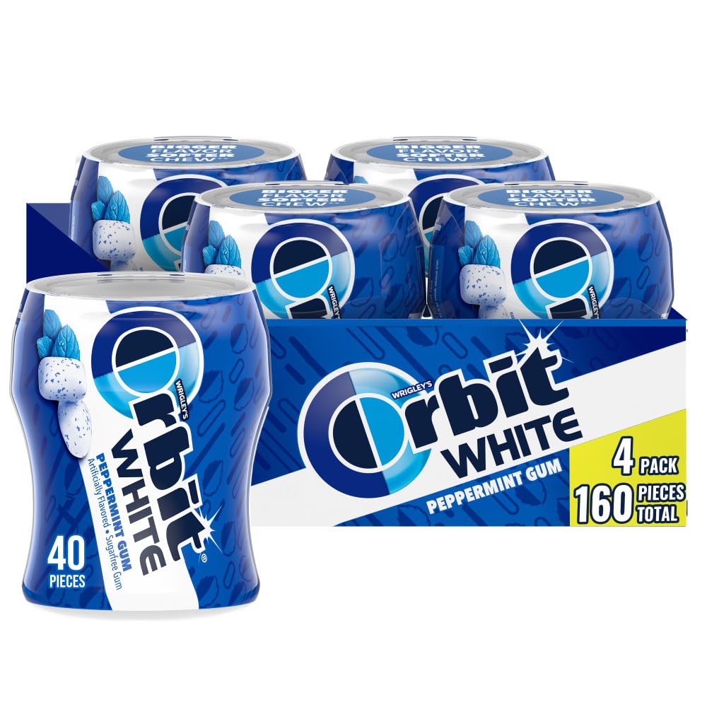 Orbit white peppermint front packaging showing brand and bottle with fresh benefit